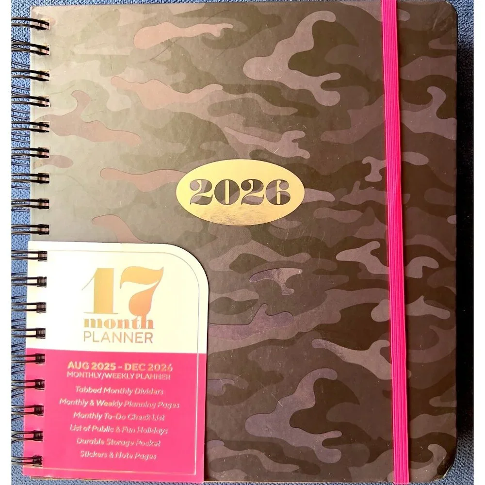 17 Month Planner Black CAMO Aug 2025 -Dec 2026 Weekly Planning Note Page Gift